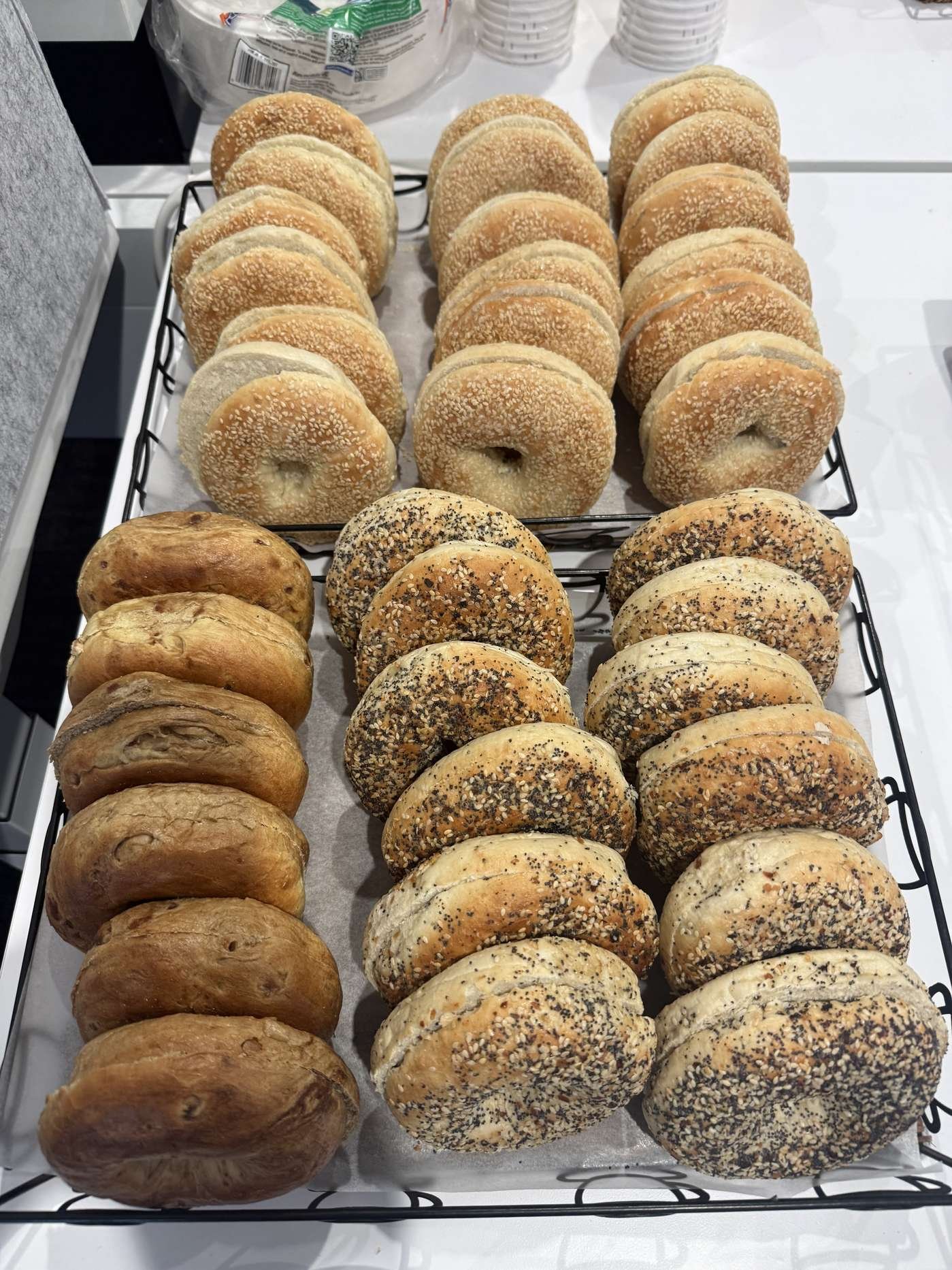 Stacked rows of freshly baked bagels ready for delivery